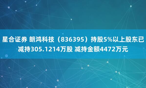 星合证券 朗鸿科技（836395）持股5%以上股东已减持305.1214万股 减持金额4472万元